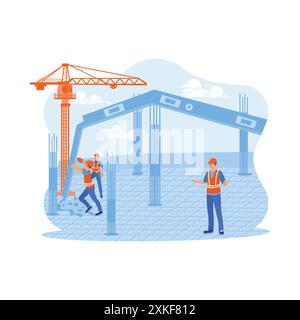Civil architect engineers inspect and work on building sites of outdoor structur`es. Workers are in the process of casting support pillars. Architect Stock Vector